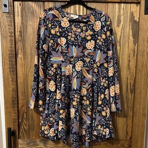 Umgee Navy Floral Swing Dress with Mustard and Sky Blue Accents
